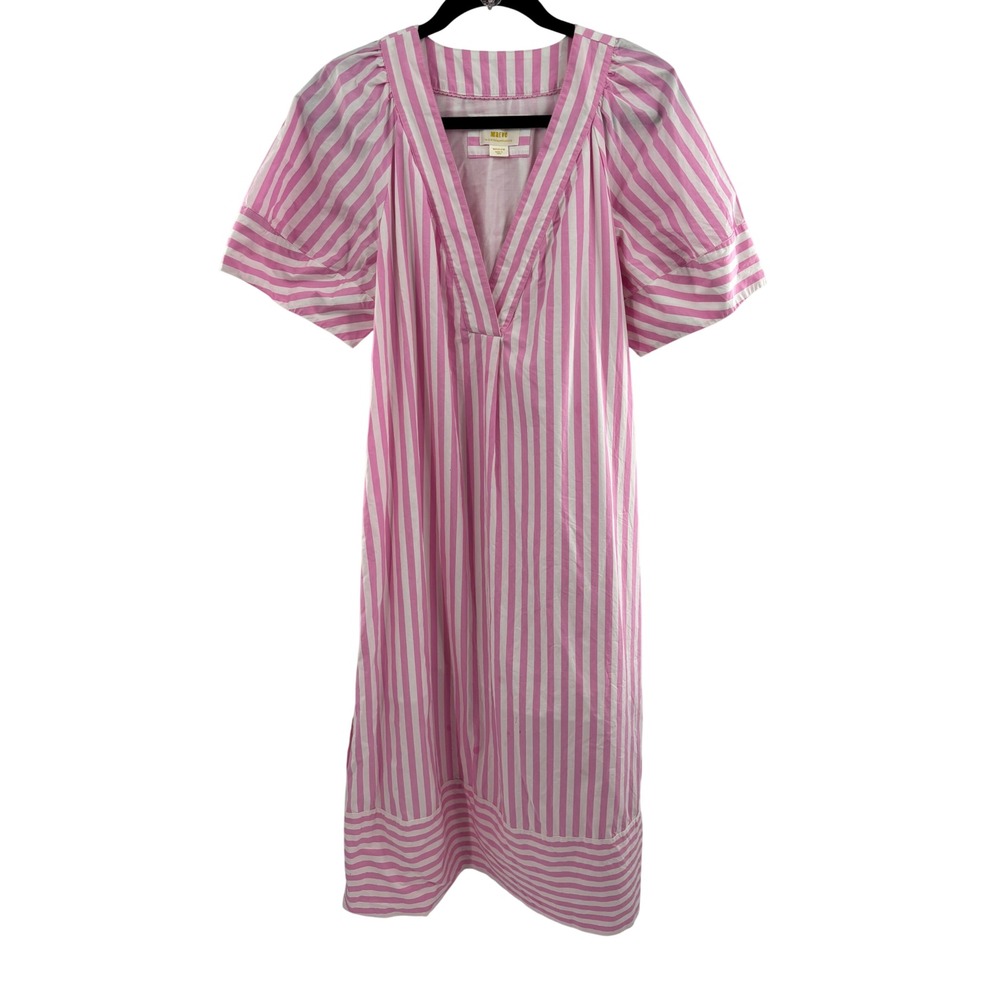 Maeve Anthropologie Pink White Striped V-Neck Puff Sleeve Midi Kaftan Dress M - Picture 1 of 3